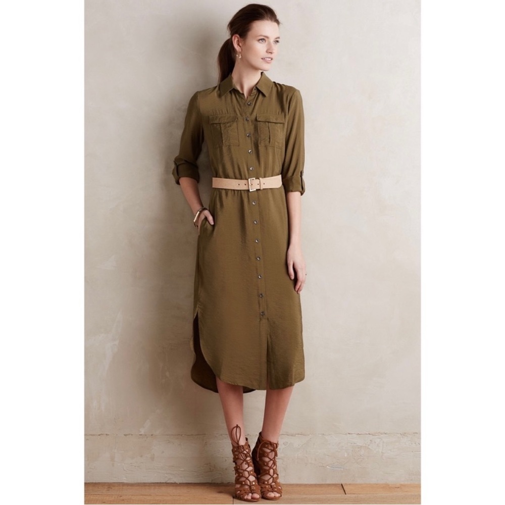 Anthropologie Maeve Olive Green Drawstring Midi Shirtdress